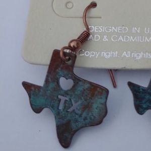 Brass Rustic Love Texas, Texas Shaped earrings for pierced ears